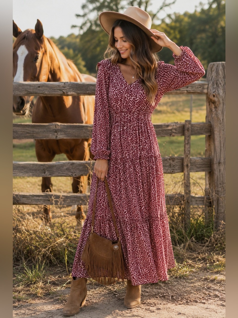 Love Riche Burgundy and White Floral Long Sleeve Maxi Dress Size Large